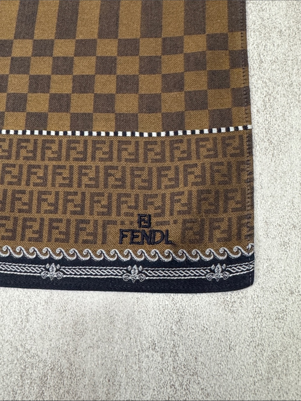 Fendi Brown & Dark Brown Checkerboard cotton Scarf with Navy Trim - Picture 2 of 3